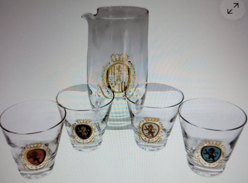VTG Federal Glass Company Baronet Lion Crest Cocktail 5 Piece Set Gold Trim USA